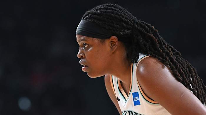 New York Liberty forward Jonquel Jones looks down court against the Las Vegas Aces during the WNBA Finals.